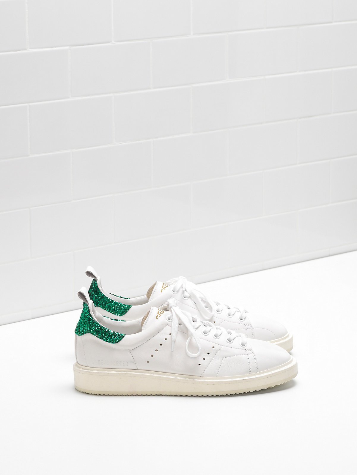 Golden Goose Starter White Calf Leather Green Glitter Heel - immagine 2