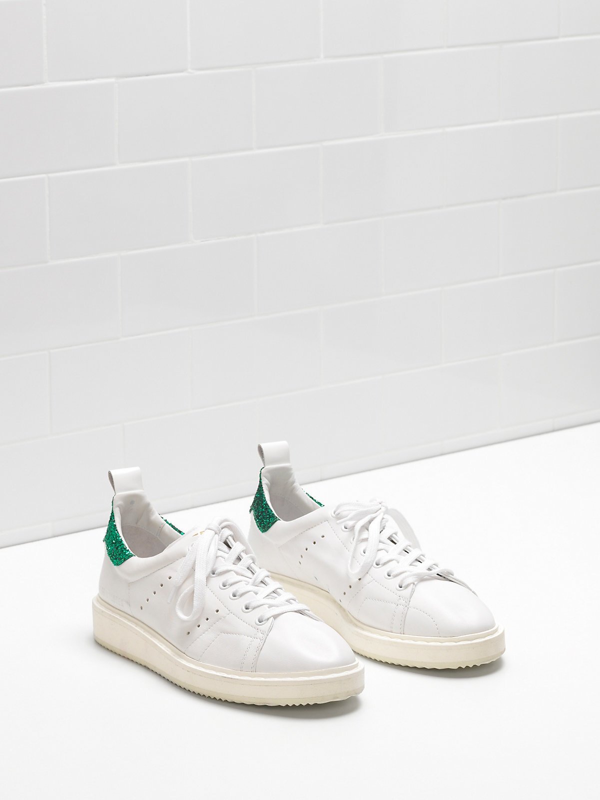 Golden Goose Starter White Calf Leather Green Glitter Heel - immagine 3
