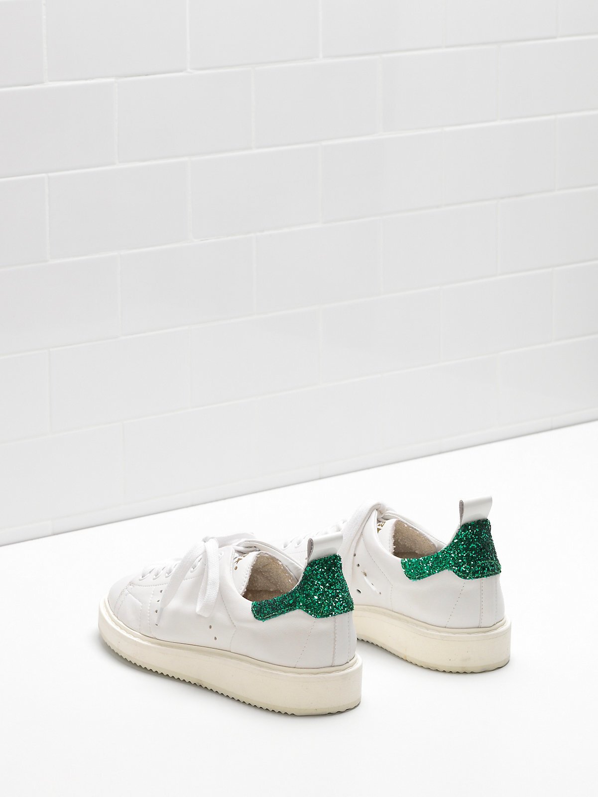 Golden Goose Starter White Calf Leather Green Glitter Heel - immagine 4