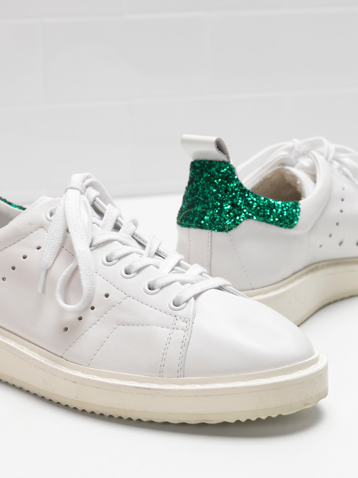 Golden Goose Starter White Calf Leather Green Glitter Heel - immagine 5